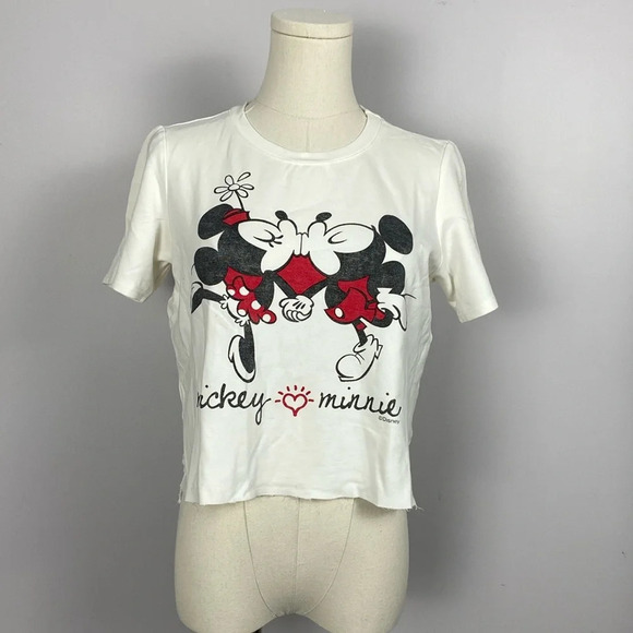 🌸 Disney Vintage Inspired Graphic Crop Top Tee with Mickey & Minnie - Picture 1 of 9